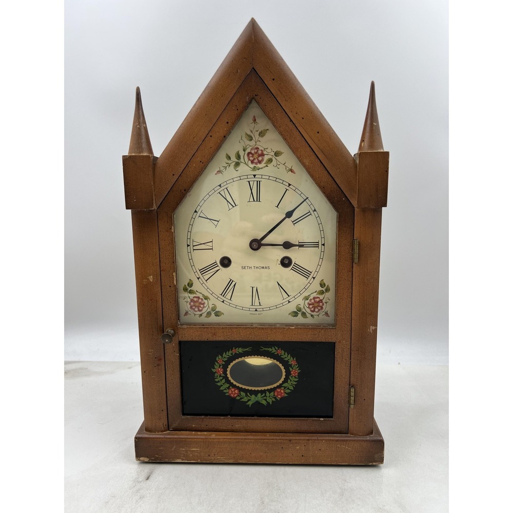 VTG Seth Thomas Steeple Mantel Clock Wood Roman Numeral German Movement Cottage